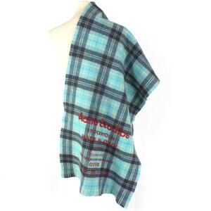 Acne Studios Wool Plaid Scarf Wrap Grey Light Blue Red Raised Logo Instructions